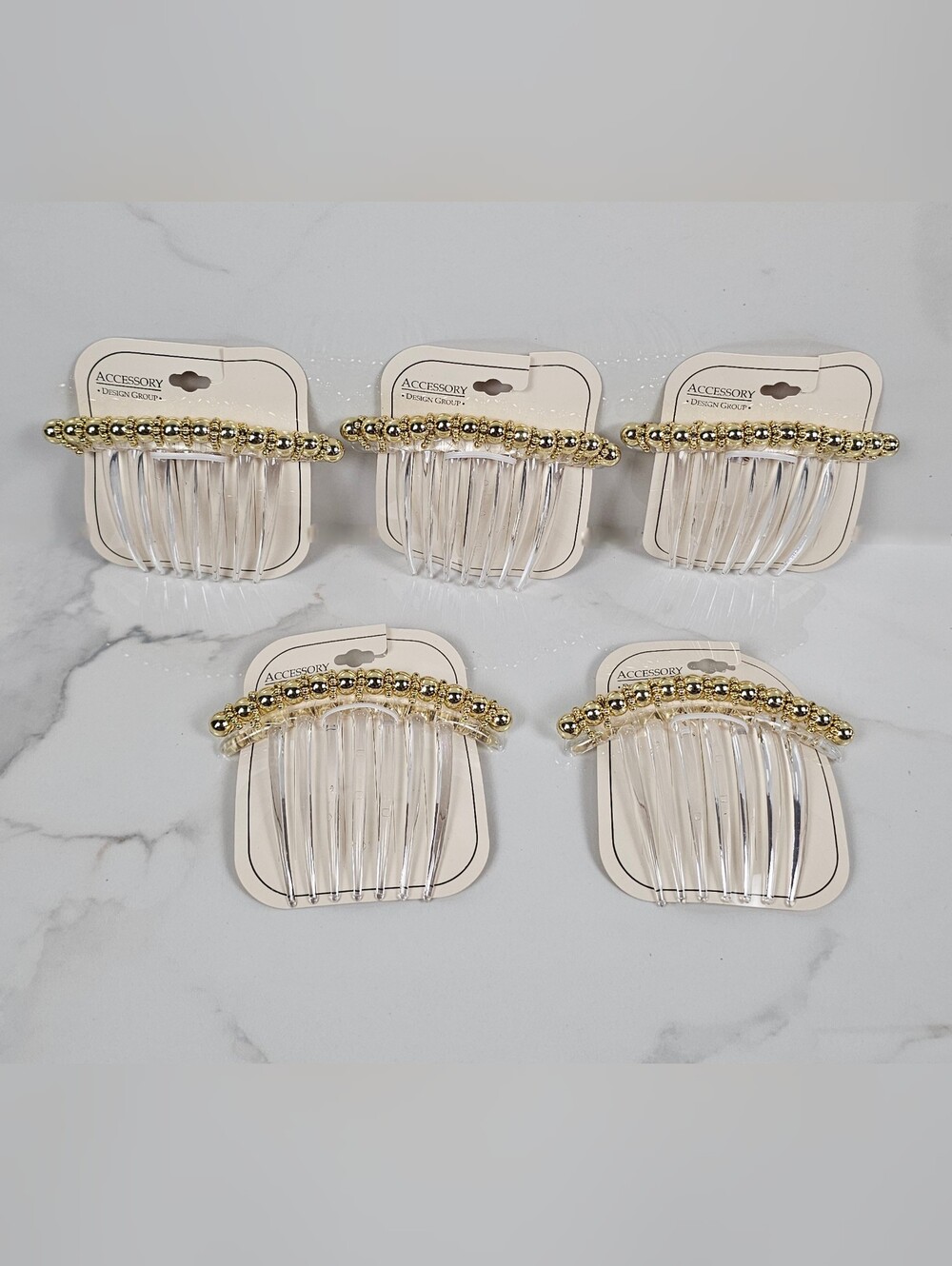 Lot of 5 Vintage Gold Beaded Clear Plastic Hair Combs Side Clips Accessories NWT